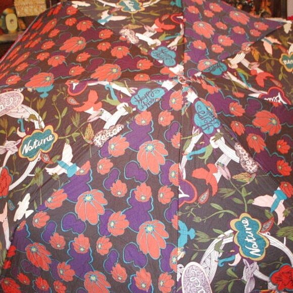 Vtg The Sak Happy & Free Compact Umbrella Crochet Bird Peace Love Nature Hippie - Picture 5 of 12